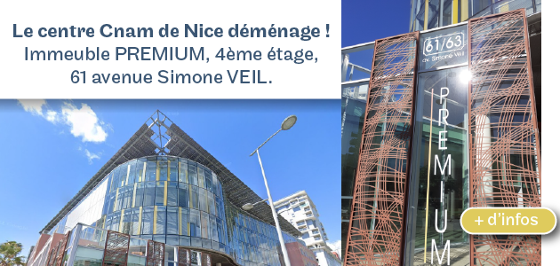 déménagement du centre de formation du Cnam de Nice à l’immeuble PREMIUM, 4ème étage, 61 avenue Simone VEIL à Nice 